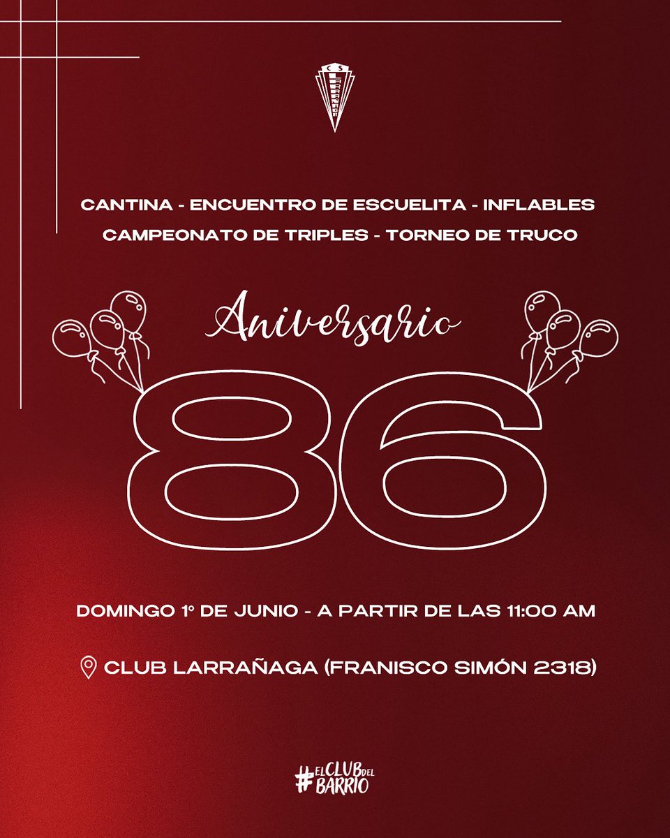 🎉 86 AÑOS

Este domingo 1º de junio celebramos nuestros 86 años de historia y queremos hacerlo juntos. Te esperamos en nuestro club a partir de las 11:00 am para disfrutar de una jornada llena de actividades.

¡No te lo pierdas!

#ElClubDelBarrio