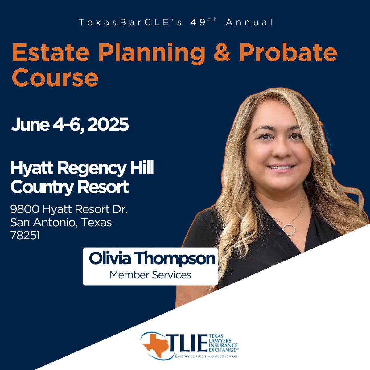 Texas Lawyers' Insurance Exchange (@tlie_) on Twitter photo Join us at the <a href="/TexasBarCLE/">TexasBarCLE</a> 49th Annual Estate Planning & Probate Course next week! Olivia Thompson will be there to answer all of your questions about #LegalMalpractice Insurance, as well as discuss other services that TLIE offers. Find out how TLIE is different and how we can Join us at the <a href="/TexasBarCLE/">TexasBarCLE</a> 49th Annual Estate Planning & Probate Course next week! Olivia Thompson will be there to answer all of your questions about #LegalMalpractice Insurance, as well as discuss other services that TLIE offers. Find out how TLIE is different and how we can