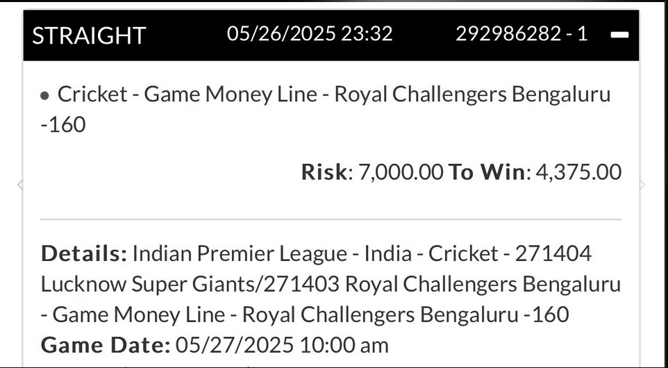 35-2 Free Play Run 95% Win Rate 💎
10-2 Last 12 Maxes 83% Win Rate 💎

Royal Challengers Bengaluru ML IPL Max 💵💵💵

The Best Bettor on Here on All Sports, Men Lie, Woman, Lie, But Our Bank Accounts Don't 💰💰💰

#GamblingX #VikkStacks #MaxBets