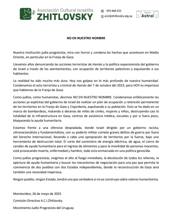 El movimiento judío progresista del Uruguay dice "no en nuestro nombre".