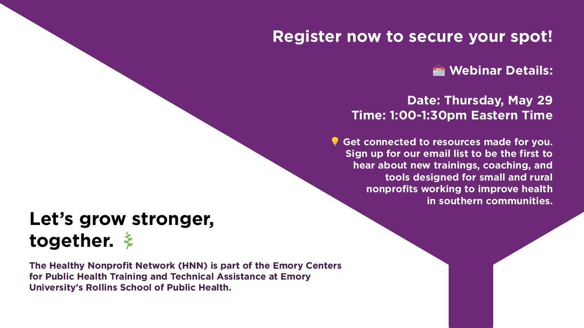 Emory Centers (@emorycenters) on Twitter photo Is your nonprofit ready for 2025 and beyond? 🌿
Join the Healthy Nonprofit Network launch webinar!
📅 May 29 | 🕐 1–1:30 PM ET
✅ Free tools, coaching & support
🔗 Register: buff.ly/xXlFkbB
Powered by @emorycenters and <a href="/EmoryRollins/">Emory Public Health</a>
#Nonprofits #CommunityHealth Is your nonprofit ready for 2025 and beyond? 🌿
Join the Healthy Nonprofit Network launch webinar!
📅 May 29 | 🕐 1–1:30 PM ET
✅ Free tools, coaching & support
🔗 Register: buff.ly/xXlFkbB
Powered by @emorycenters and <a href="/EmoryRollins/">Emory Public Health</a>
#Nonprofits #CommunityHealth