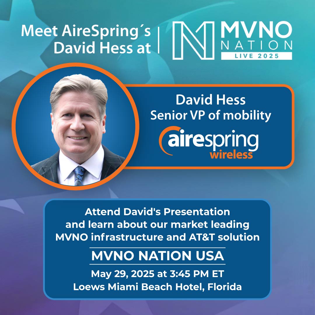 AireSpring's tweet image. AireSpring Wireless is attending #MVNO Nation, and our Senior VP of Mobility David Hess will be presenting. 

Learn about our market leading MVNO Infrastructure and AT&amp;amp;T solution. Be sure to attend his session on May 29th at 3:45 PM ET.

Connect with David Hess to book a meeting.