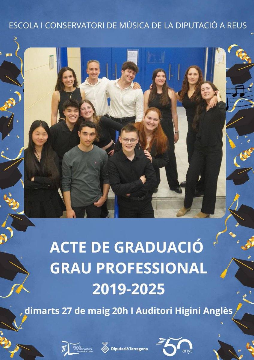 Estem de celebració!! 🎉 Avui es gradua una nova generació d'alumnat del <a href="/cmreus/">Conservatori Reus</a> 💗 Moltes felicitats, teniu un gran futur per davant!!!💃🕺Que la música us acompanyi sempre 🎵🎹🎻🎷🎤🥁