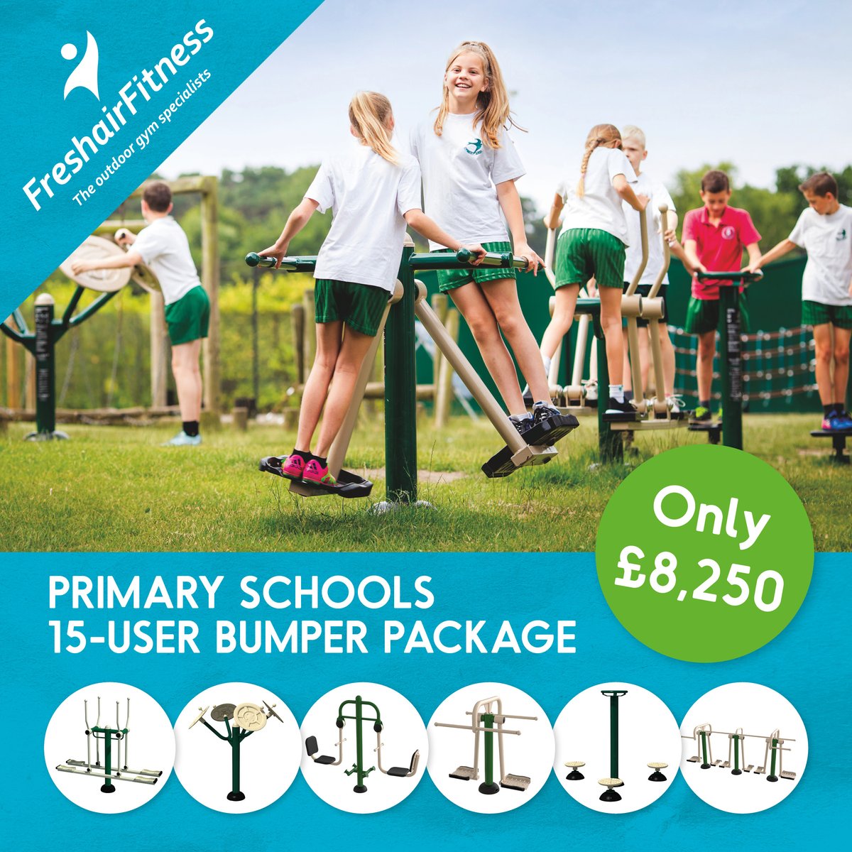 PRIMARY SCHOOLS 15 USER BUMPER PACKAGE
Our most cost-effective children’s package.

This package includes:
- Children’s Double Cross-Country Skier
- Children’s Tai chi Spinners
- Children’s Seated Leg Press
- Children’s Air Skier
- Children’s Hip Twister
- Children’s Cardio Combi