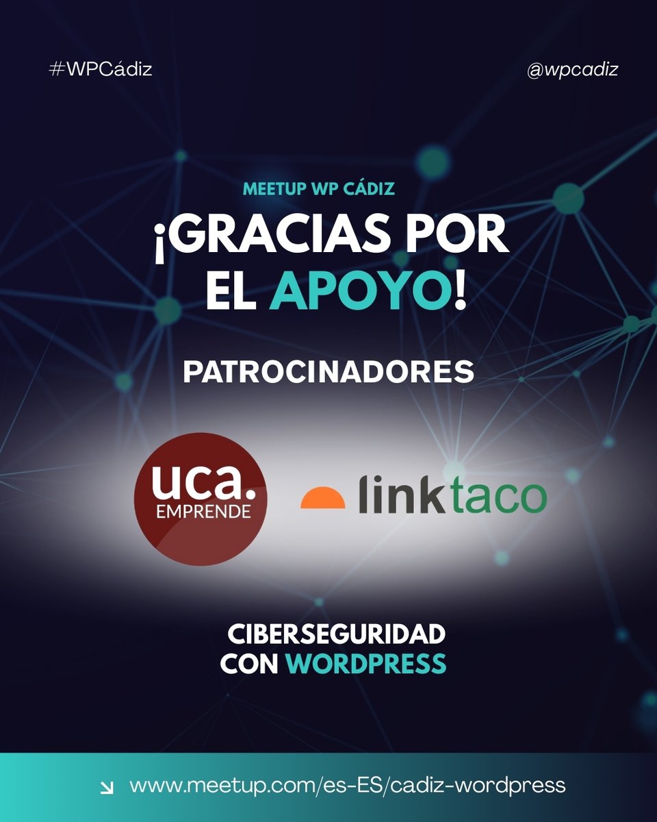 ¡Mañana es la Meetup de Ciberseguridad con WordPress! 🛡️💻 Pero antes… mil gracias a quienes lo hacen posible 💙
Gracias <a href="/UCAEmprende/">Emprende UCA</a>  y <a href="/LinkTacoDotCom/">LinkTaco</a> por apoyar el conocimiento y la comunidad con tanto arte 🙌