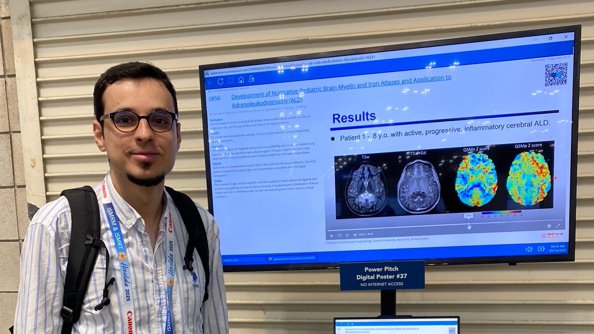 👏 Congrats to Mert Sisman (<a href="/mertsisman1/">Mert Şişman</a>), who presented "Development of Normative #Pediatric #Brain Myelin and Iron Atlases and Application to Adrenoleukodystrophy (ALD)" at <a href="/ISMRM/">ISMRM</a> 2025 in Honolulu! #ISMRM2025