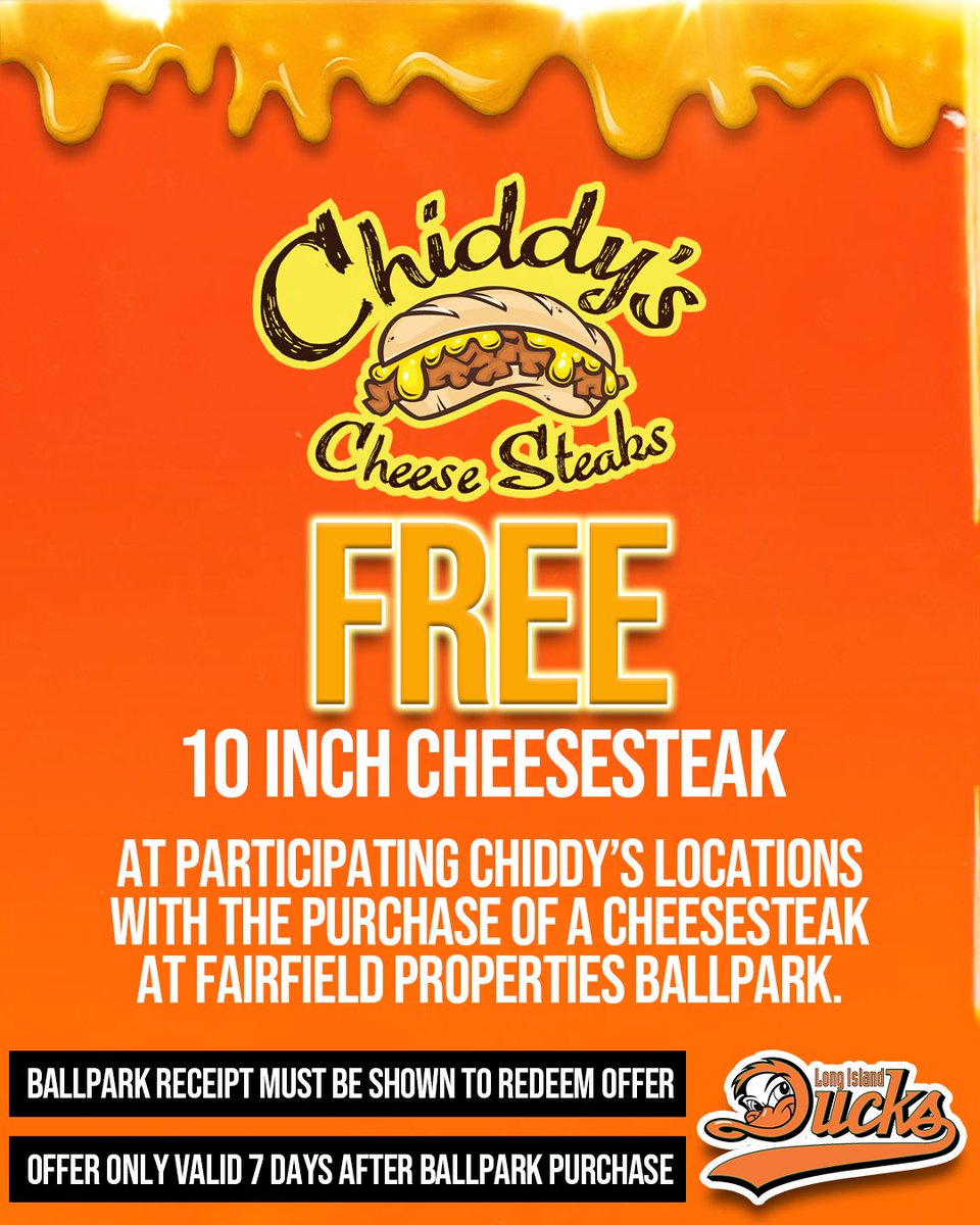 Long Island Ducks (@liducks) on Twitter photo Craving something delicious? 🧀 Buy a cheesesteak at a Ducks game, then bring your receipt to a participating <a href="/ChiddysSteaks/">Chiddy's Cheesesteaks</a> location within 7 days to get a FREE 10 inch cheesesteak! Don’t miss out!🙌🔥 Craving something delicious? 🧀 Buy a cheesesteak at a Ducks game, then bring your receipt to a participating <a href="/ChiddysSteaks/">Chiddy's Cheesesteaks</a> location within 7 days to get a FREE 10 inch cheesesteak! Don’t miss out!🙌🔥