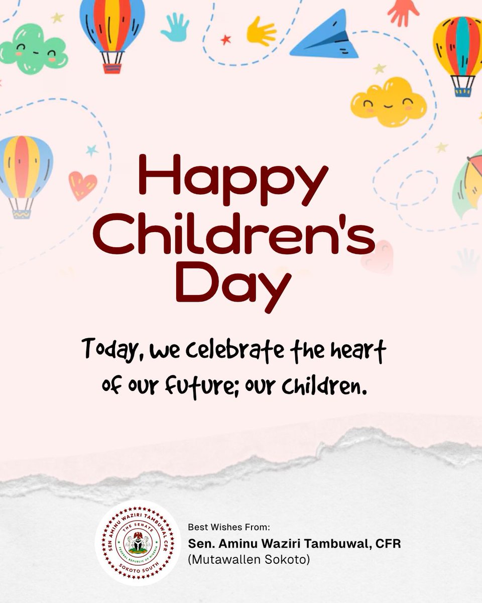 AWTambuwal's tweet image. Happy Children’s Day to all our wonderful children across Nigeria.
Today reminds us that the future of our nation rests in the hands of our young ones. Their innocence, energy, and dreams are the true promise of a brighter tomorrow.
As leaders, parents, and citizens, we must…