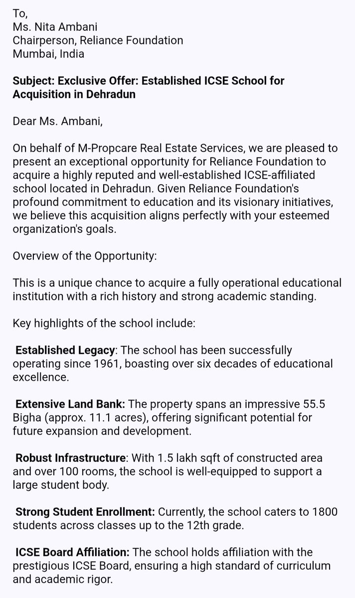 MahendruAmit's tweet photo. @MukeshDhiAmbani 
Established ICSE School for Acquisition in Dehradun
Key highlights:
operating since 1961
Land Bank of 55.5 Bigha ( 11.1 acres), 
Infrastructure 1.5 lakh sq.ft (100 rooms)
1800 students 
ICSE Board Affiliation
 classes up to the 12th grade.

8755105003 https://t.co/fuVKjf7LTt