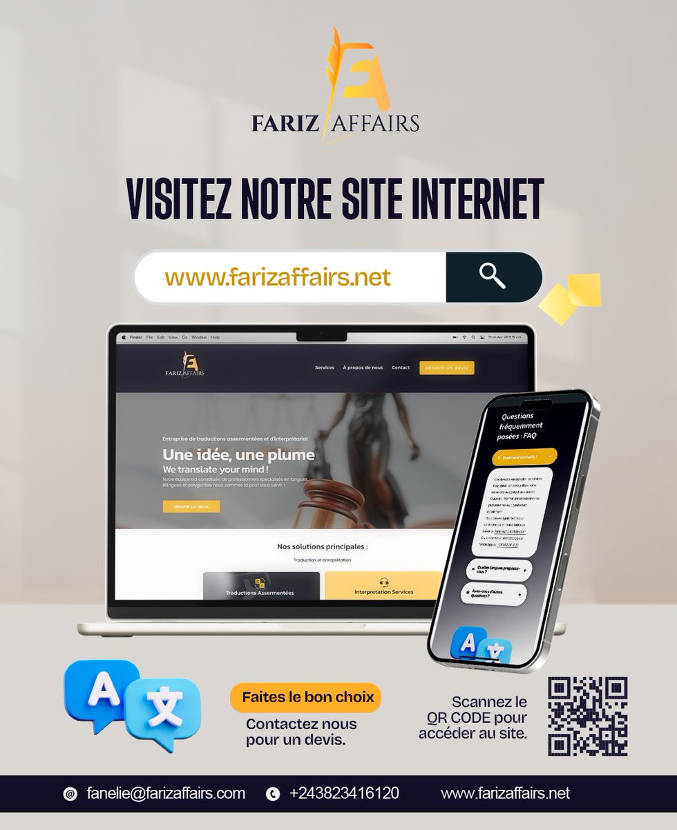 C'EST OFFICIEL !
Notre Site Web est enfin en ligne: 

🔗 farizaffairs.net

Vous y découvrirez tous nos services :

Traductions assermentées | Interprétation  | Conception de sites internet professionnels et plus encore !
Tout ce qu’il vous faut est désormais à portée de
