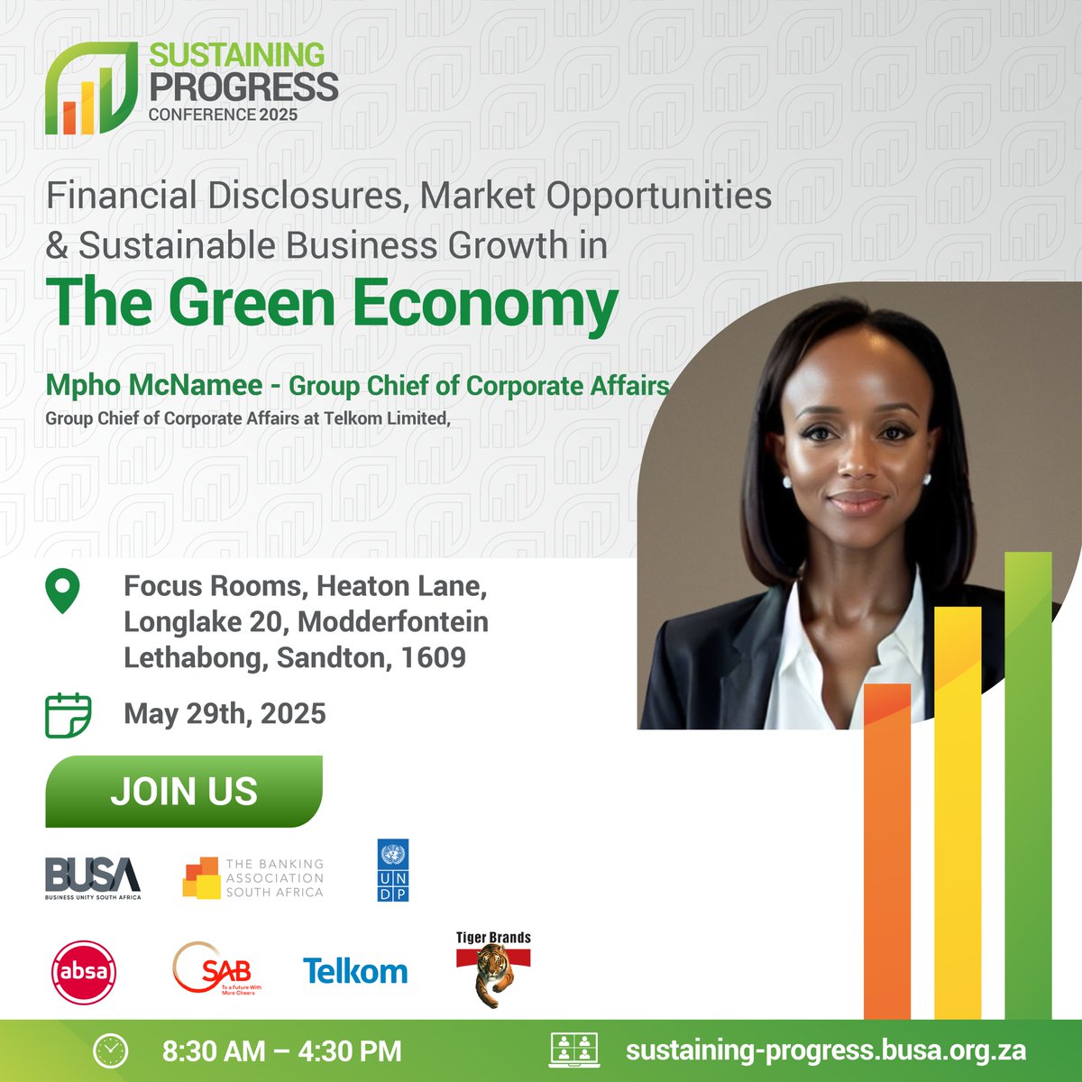 Excited to welcome Mpho McNamee, Group Chief of Corporate Affairs at <a href="/TelkomZA/">@TelkomZA</a>, to #SustainingProgress2025!
She’ll unpack financial disclosures, market opportunities, and how businesses can thrive in the green economy.

📅 May 29 | 📍 Sandton

#SustainingProgress2025