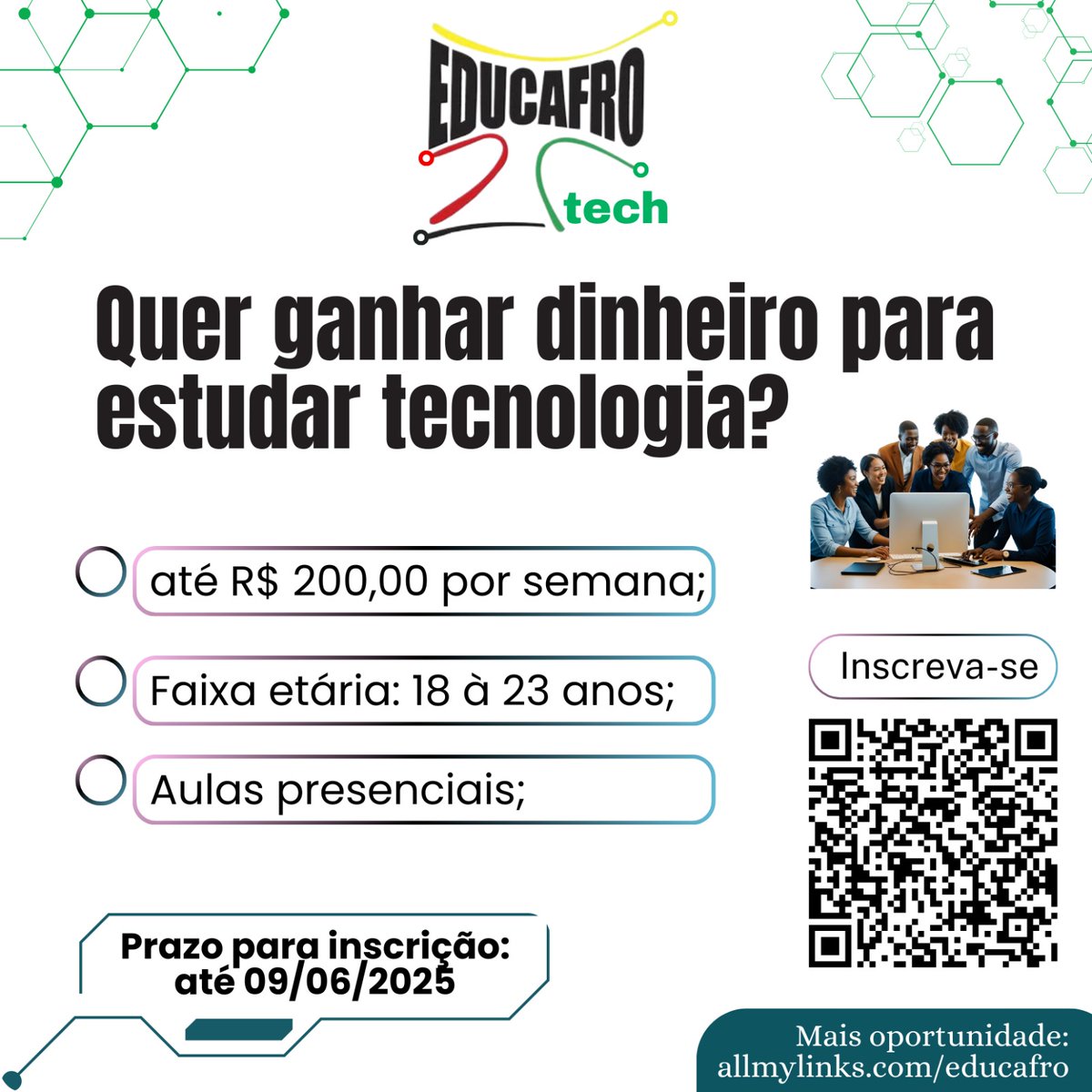 JOVEM AFRO-BRASILEIRO(A): RECEBA DINHEIRO PARA ESTUDAR

A EDUCAFROTech abriu novas vagas para o curso 100% presencial em São Paulo!

📍 Rua Riachuelo, 342 — Sé, SP
📅 Aulas de segunda a sexta, das 9h às 18h
📆 Inscreva-se até 09/06:
👉🏾 forms.gle/t4ttkM43ZRmQ3g…