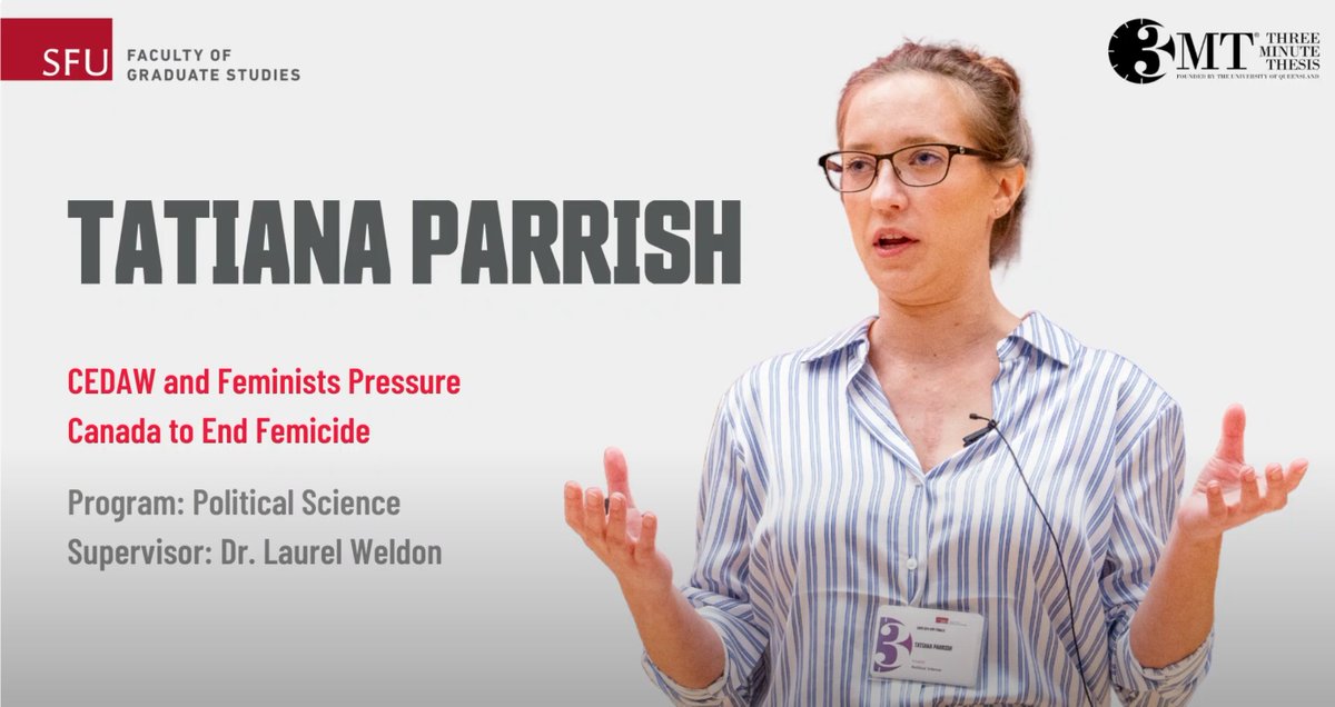 SFU Political Science (@sfu_polisci) on Twitter photo Our MA student, Tatiana Parrish, delivered a three-minute presentation on 'CEDAW and Feminists Pressure Canada to End Femicide' at the SFU 2025 3MT Final.๐๏ธ
To watch the complete video, visit the link here: youtube.com/watch?v=jHpF3dโฆ
<a href="/SFUFASS/">SFU Faculty of Arts & Social Sciences</a> <a href="/SFU/">Simon Fraser University</a> <a href="/SFU_GradStudies/">SFU Faculty of Graduate Studies</a> Our MA student, Tatiana Parrish, delivered a three-minute presentation on 'CEDAW and Feminists Pressure Canada to End Femicide' at the SFU 2025 3MT Final.๐๏ธ
To watch the complete video, visit the link here: youtube.com/watch?v=jHpF3dโฆ
<a href="/SFUFASS/">SFU Faculty of Arts & Social Sciences</a> <a href="/SFU/">Simon Fraser University</a> <a href="/SFU_GradStudies/">SFU Faculty of Graduate Studies</a>
