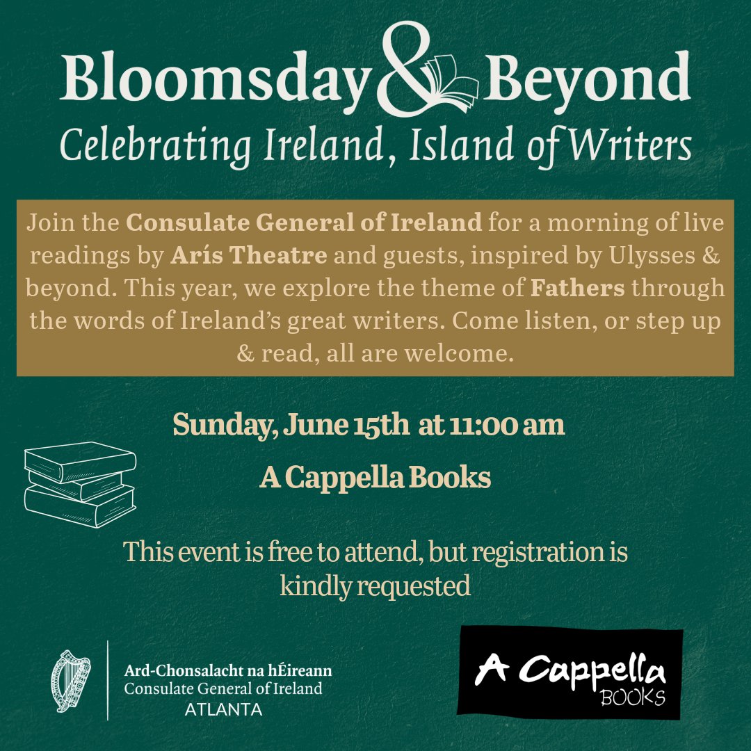 Celebrate Bloomsday with us and A Cappella Books on Sunday, June 15 at 11am. Readings by <a href="/ArisTheatre/">Arís</a>, the Consulate and an open invitation for audience members to participate. This is a free event and open to all. 

Registration kindly requested below. 

eventbrite.ie/e/bloomsday-be…