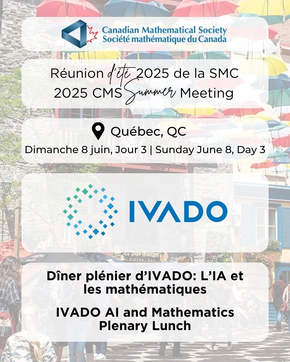 Rejoignez-nous dans la salle VCH 2880 à 12h30 pour le dîner plénier d'IVADO sur l'IA et les mathématiques.

Join us in room VCH 2880 at 12:30pm for IVADO's AI and Mathematics Plenary Lunch.