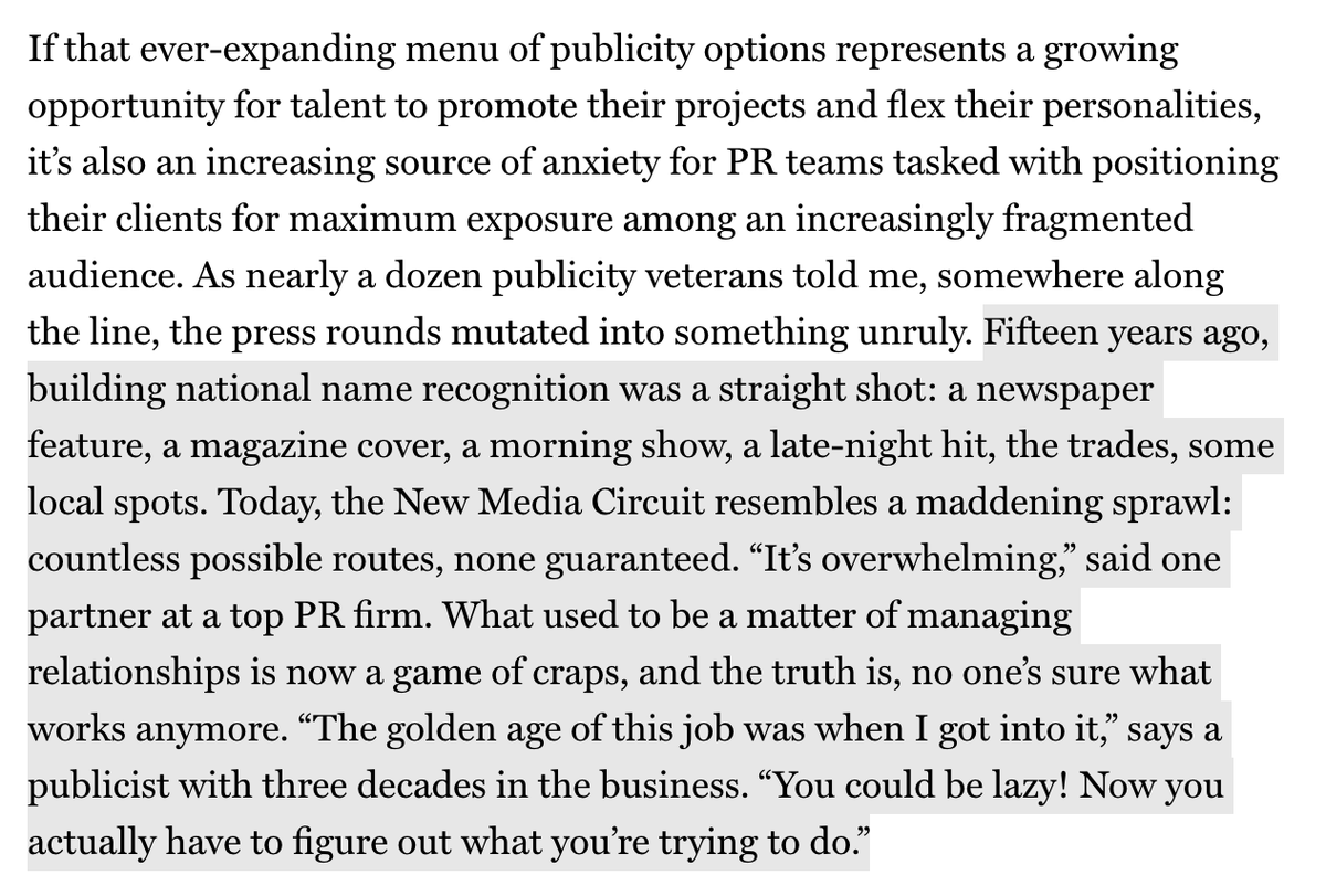 DKThomp's tweet photo. Great essay by @nwquah on how fragmentation has changed media publicity (for actors, book writers, etc) from a precision game—do THIS morning show, THIS radio show, THIS mag profile, and you're set—to a spray-and-pray—do these 5 shows, these 10 YouTube shows, these 90 podcasts. https://t.co/0HE1LwOm1l