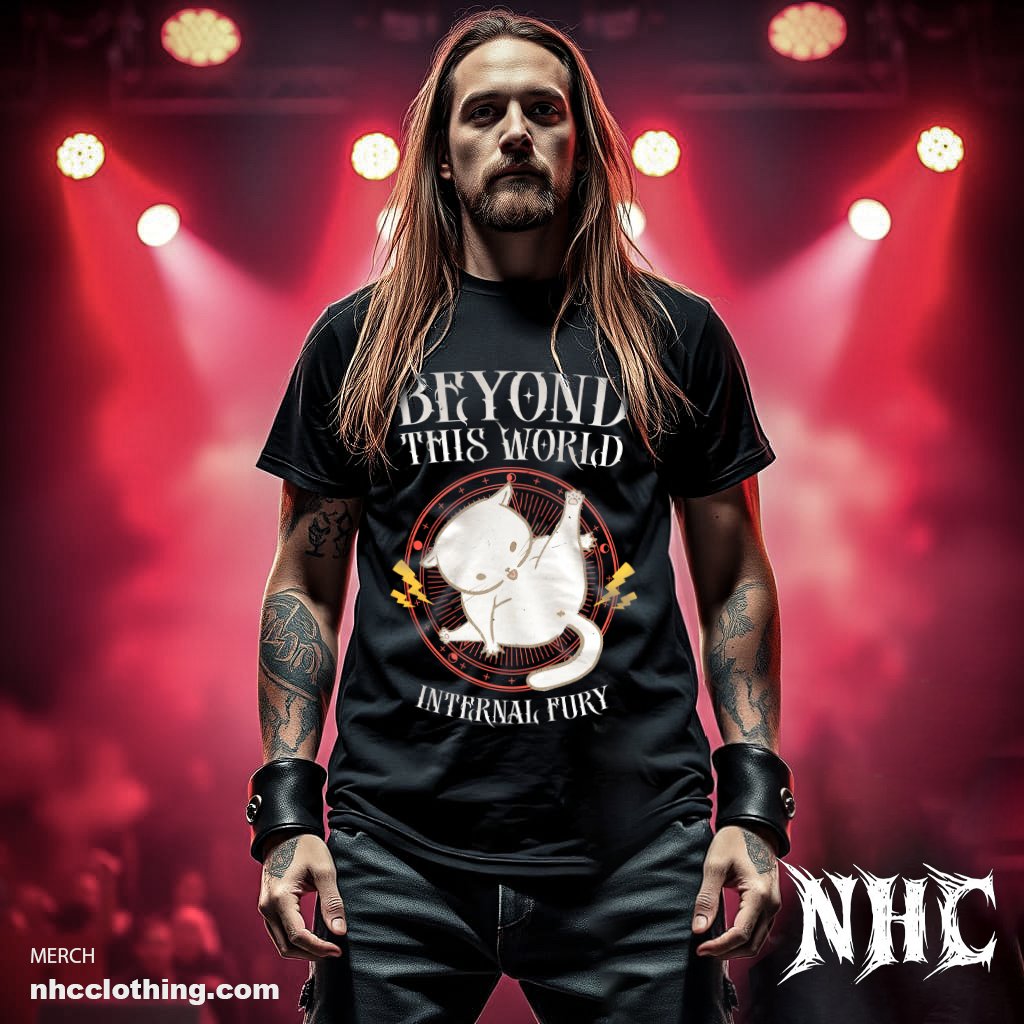 NHC_clothing's tweet image. Rock with a feline twist! 😹🔮 Our &apos;Beyond This Words&apos; tee features a cat with a pentagram, humor for metal fans. Perfect for cat lovers. 
Grab yours at NHC Clothing!👇🔥
nhcclothing.com/#!/funny+rock+…

#MetalCats #PunkHumor #RockAesthetic #NHCClothing #FunnyTees