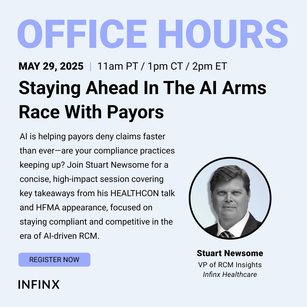 Infinxinc's tweet photo. Denials in seconds. Automated post-payment reviews. Compliance now front &amp; center.

Join Stuart Newsome for a live Office Hours session on how payors are using #AI &amp; what providers need to know to keep up.

Register here: https://t.co/dXT2HEoa41 #Infinx #RCM #Healthcare https://t.co/6L5ao5ZKkH