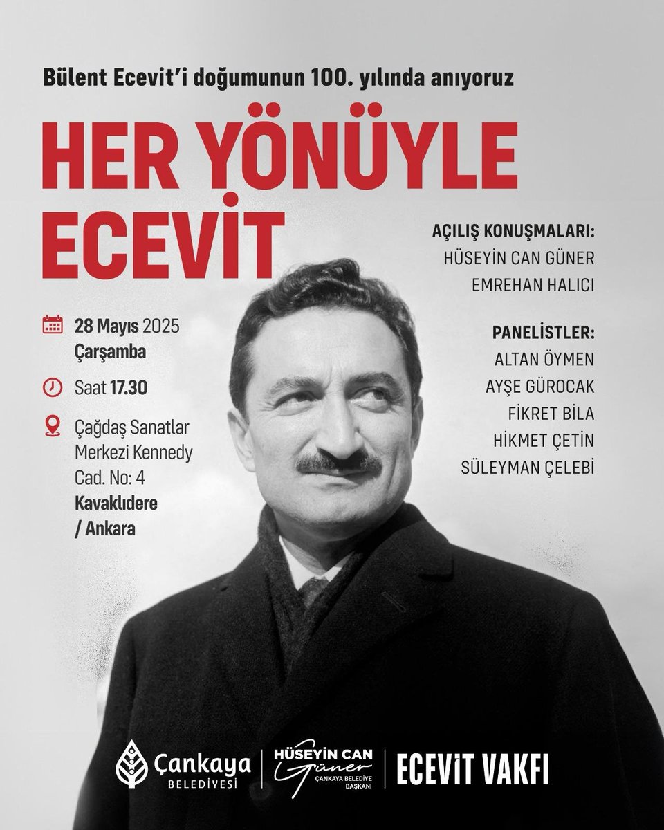 28 Mayıs Çarşamba günü saat 16.00'da Ecevit'lerin kabirlerini ziyaret edeceğiz. Daha sonra 17.30'da "Her Yönüyle Ecevit" panelinde buluşacağız.
Ecevit dostlarını bekliyoruz.