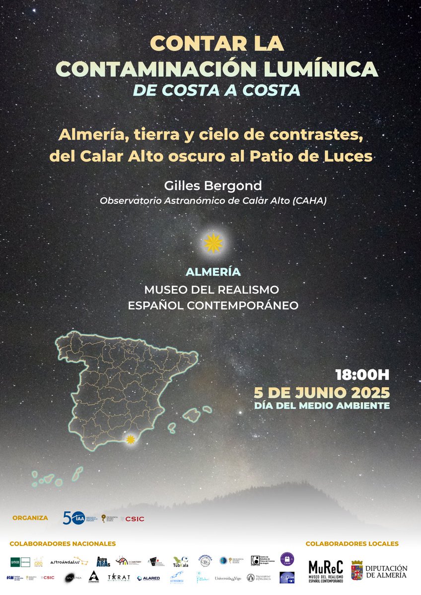 💡 La luz también contamina.
¿Cómo afecta la contaminación lumínica a la ciencia?
🔭 Te lo cuenta Gilles Bergond, del mayor observatorio astronómico de Europa continental.
📍 Museo del Realismo Español Contemporáneo (MUREC), Almería
🗓 5 de junio · 18:00h
🎙 Entrada libre