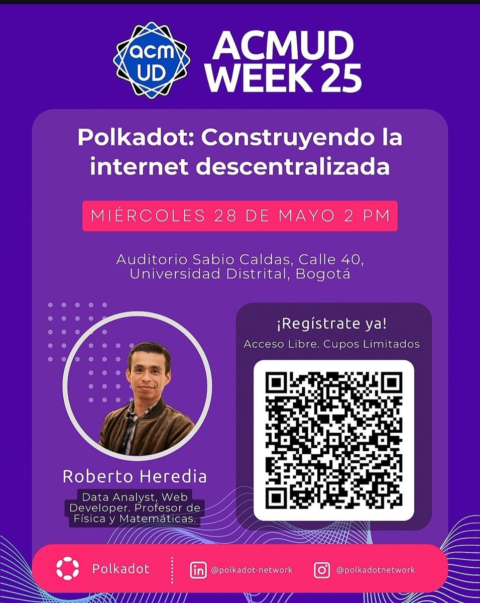 💥 Nos invitaron a este gran evento en la <a href="/udistrital/">UniversidadDistrital</a> para hablar de <a href="/Polkadot/">Polkadot</a> y la web descentralizada.
Gracias a AMCUD por la invitación.
Escanea el QR y asegura tu lugar .

📍 Miércoles 28 de mayo 

LOS ESPERAMOS.

@meetusbounty

#polkadot #web3 #educacion #evento