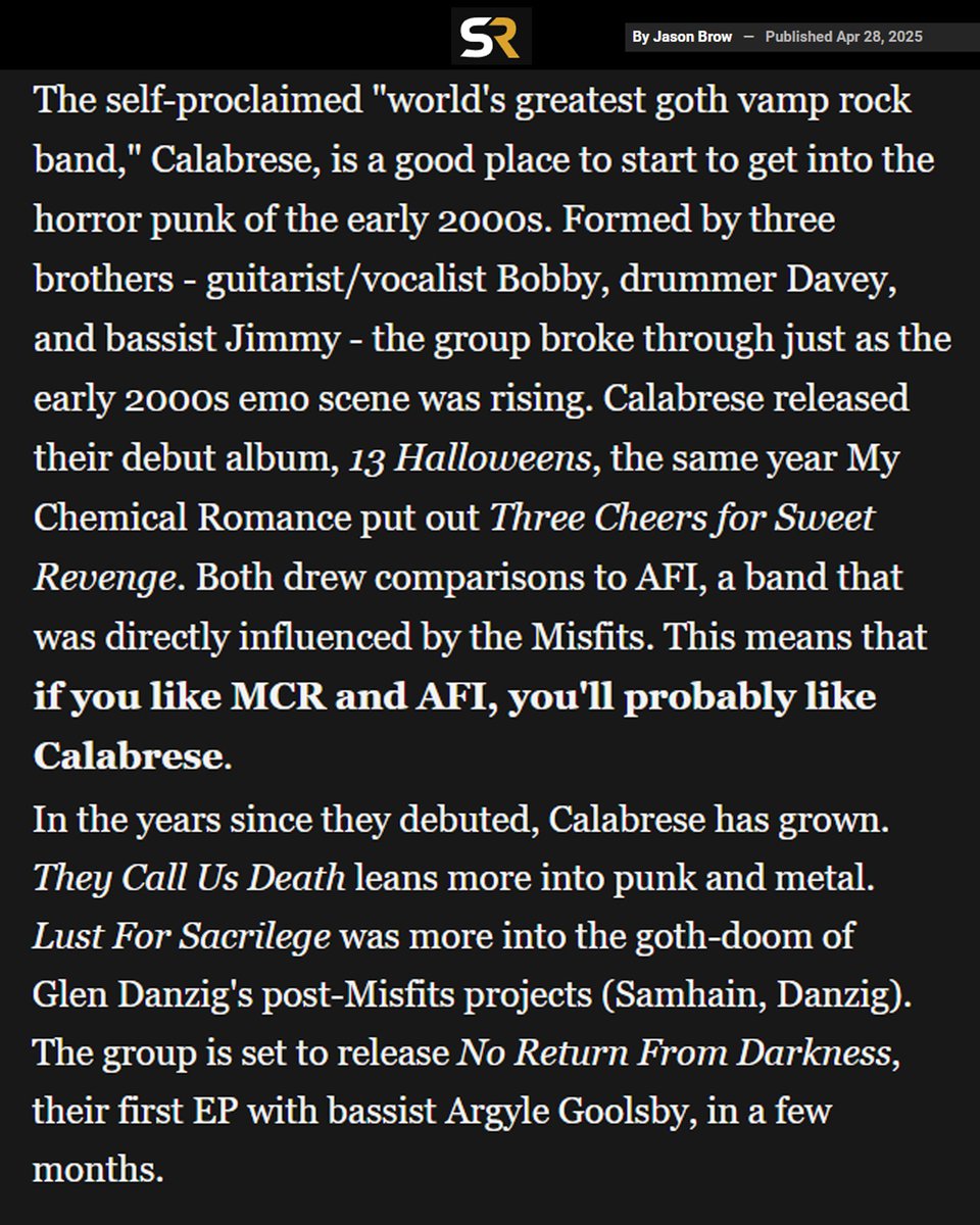 Crank up CALABRESE... and keep it loud, fast, and evil. ⚰️ We’re honored to be featured on the “10 Horror Punk Bands To Blast After Watching The Misfits at Coachella” list. 

screenrant(d0t)com/horror-punk-bands-after-coachella-list/ 

-
#horrorpunk #goth