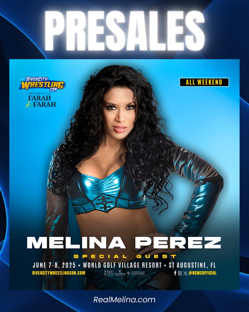 🄼🄴🄻🄸🄽🄰 (@realmelina) on Twitter photo Florida, I’m coming BACK!
<a href="/RCWCofficial/">River City Wrestling Con</a>
June 7–8 | St. Augustine, FL
Presales are live now!
Let’s make this weekend one to remember.
Photos, hugs, autographs—let’s go!
Tickets:
simpletix.com/e/river-city-w…
#RCWC2025 #MelinaPerez #SoulfireOnTheRoad #WrestlingFamily Florida, I’m coming BACK!
<a href="/RCWCofficial/">River City Wrestling Con</a>
June 7–8 | St. Augustine, FL
Presales are live now!
Let’s make this weekend one to remember.
Photos, hugs, autographs—let’s go!
Tickets:
simpletix.com/e/river-city-w…
#RCWC2025 #MelinaPerez #SoulfireOnTheRoad #WrestlingFamily