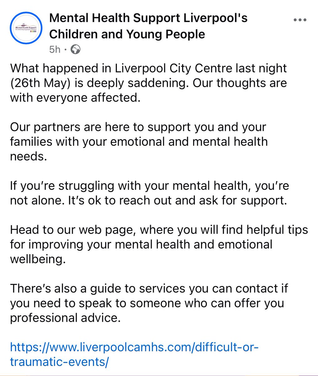 SILsafeguarding's tweet photo. Mental health support for children and young people in Liverpool (they are not on X) have posted the following if any children need support after yesterdays tragic events . You can access their website here: https://t.co/tfd2wzkNQJ
Our thoughts are with everyone affected ❤️💙 https://t.co/TuRLhltoBF