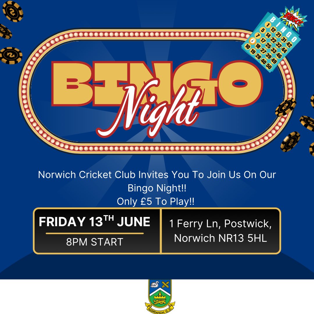 norwichcric's tweet photo. Norwich Cricket Club Invites You To Our Bingo Night!!

Will be held on Friday the 13th after our youth coaching night.

BBQ will be on up until the start of the bingo at 8pm

Bar open all night, bring your own snacks for the table!

£5 to gets all games of bingo for the night!! https://t.co/rxHBz2ouW8