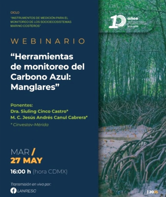 Anda muy activo el <a href="/cinvestav/">Cinvestav</a> -Mérida. Tiene programado para hoy mismo, en un rato, su seminario por web "Herramientas de monitoreo del Carbono Azul: Manglares", en el marco de su ciclo: Instrumentos de medición para el monitoreo de los socioecosistemas marino-costeros.