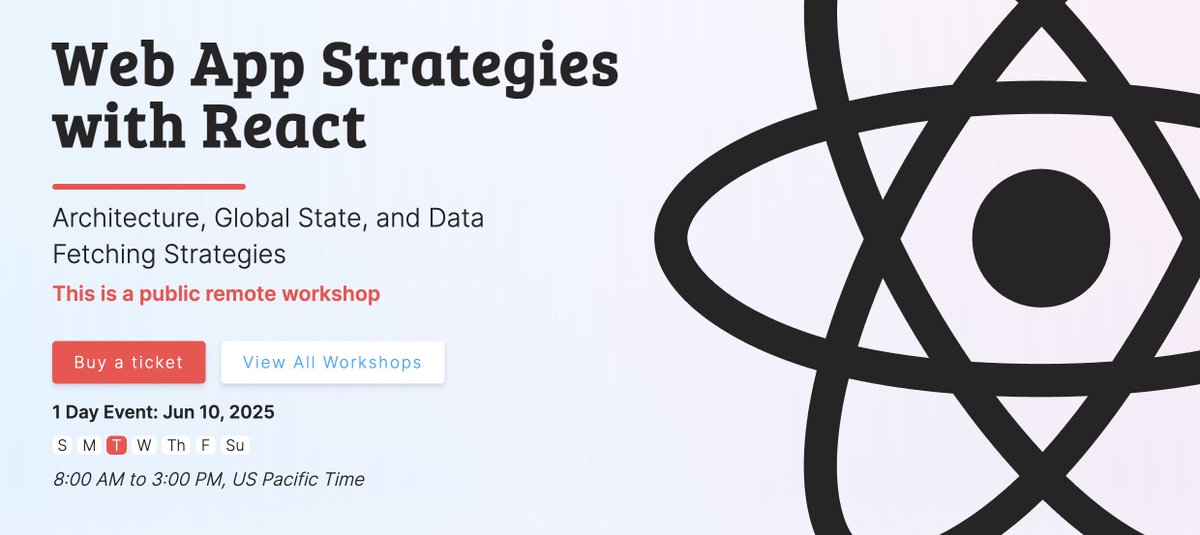 Learning React? We have workshops for those who are newer and for those who are more advanced. See our upcoming workshops schedule. We also have corporate workshops for your team reacttraining.com/public-worksho…