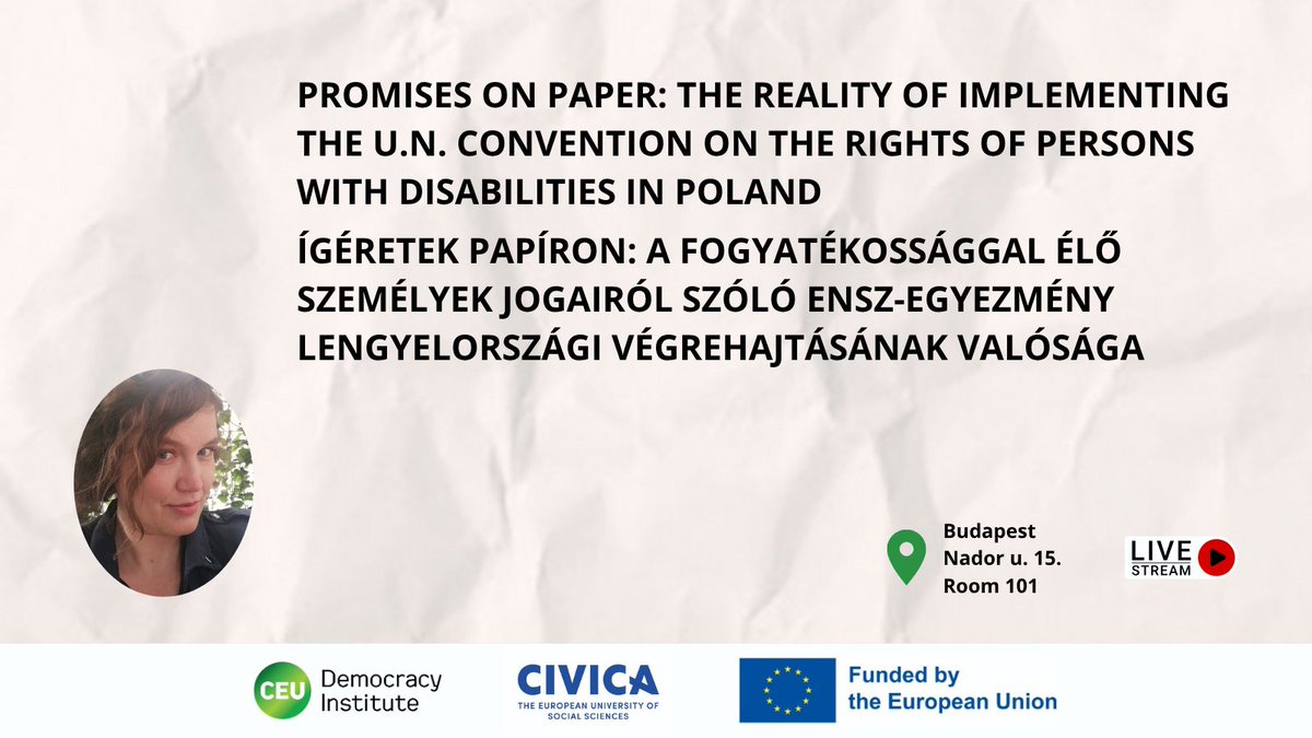 CEU Democracy Institute (@ceudeminst) on Twitter photo Mark your calendar for this lecture, with online Hungarian and onsite sign language translation.
๐ฃ๏ธ <a href="/MagKocejko/">Magdalena Kocejko</a>
๐๏ธ June 4, 5pm CET
๐ Budapest / online
Details:
๐ tinyurl.com/ys2hajx5
Registration:
๐ tinyurl.com/2ehh6mm9 Mark your calendar for this lecture, with online Hungarian and onsite sign language translation.
๐ฃ๏ธ <a href="/MagKocejko/">Magdalena Kocejko</a>
๐๏ธ June 4, 5pm CET
๐ Budapest / online
Details:
๐ tinyurl.com/ys2hajx5
Registration:
๐ tinyurl.com/2ehh6mm9