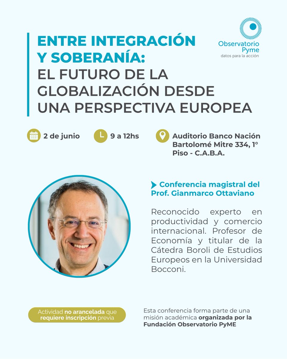 🗓️2 JUN 9-12h

Imperdible. Tenemos el honor de organizar la misión académica del prestigioso experto en productividad y comercio internacional, Prof. Gianmarco Ottaviano. 
Los esperamos en la conferencia magistral que brindará el próximo lunes. 
⬇️
eventbrite.com.ar/e/conferencia-…