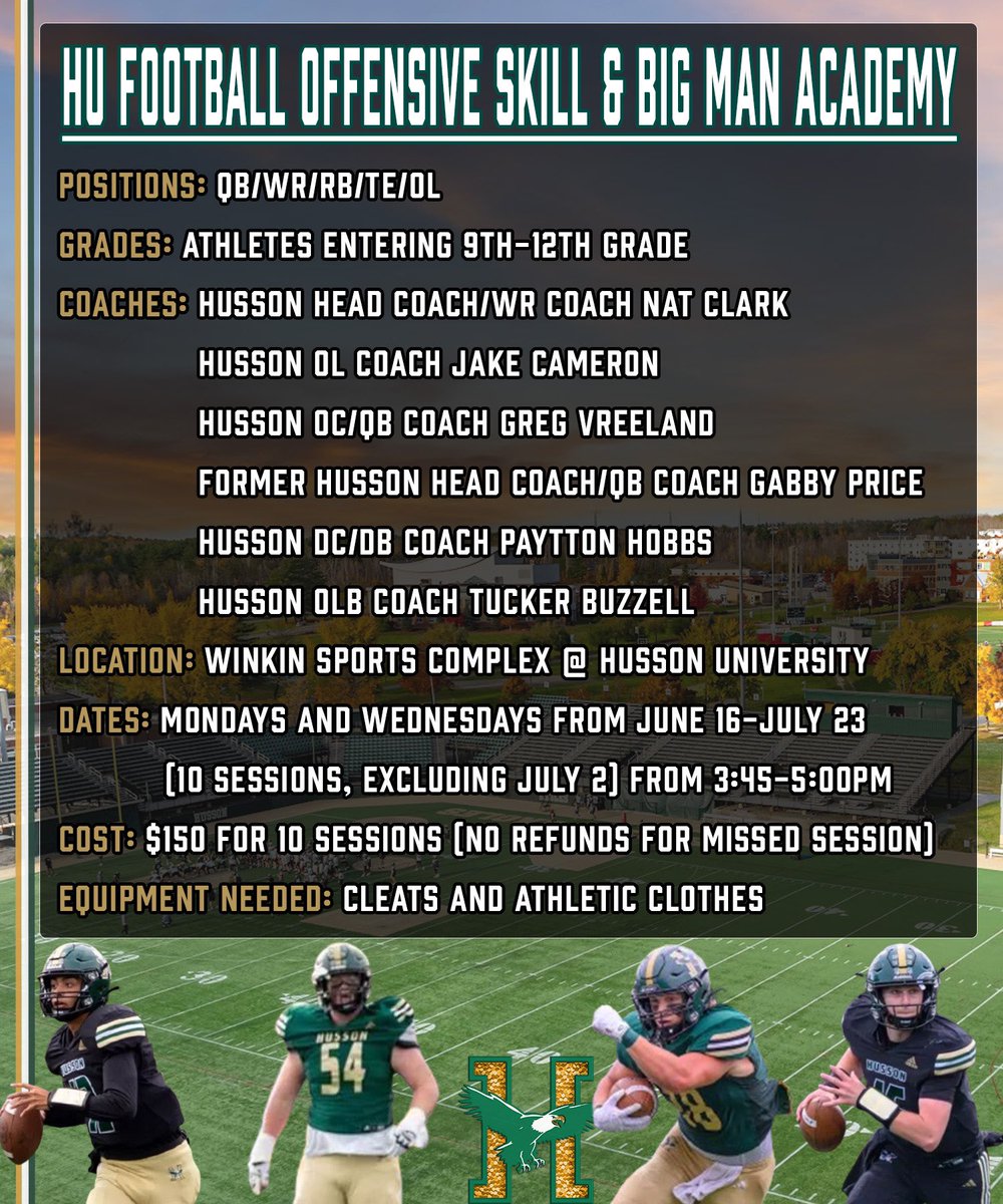 🚨Price Reduction🚨
We are pleased to announce that we have lowered the price for our Skills and Big Man Academy this summer. 10 sessions for $150! This is a great opportunity to work on your football skills with college coaches. 🦅🏈

Register here: readysetregister.com/oe_manager/aut…