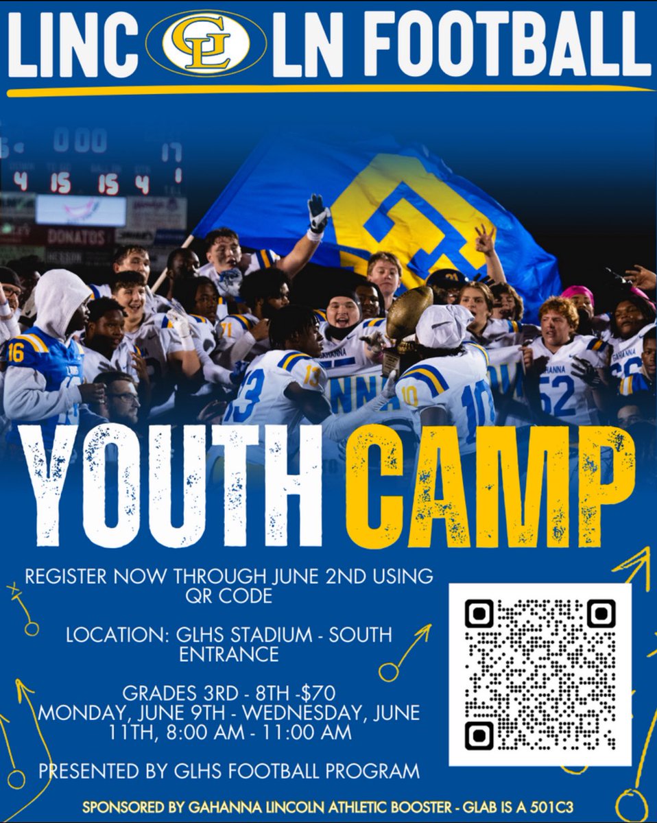 GahannaFootball (@gahannafootball) on Twitter photo Best Youth camp around 11 days away! Still time to register, use the QR code below to get registered! #BleedThisBlue #WeAreLions <a href="/GLHS_Athletics/">Gahanna Lincoln Athletics</a> Best Youth camp around 11 days away! Still time to register, use the QR code below to get registered! #BleedThisBlue #WeAreLions <a href="/GLHS_Athletics/">Gahanna Lincoln Athletics</a>