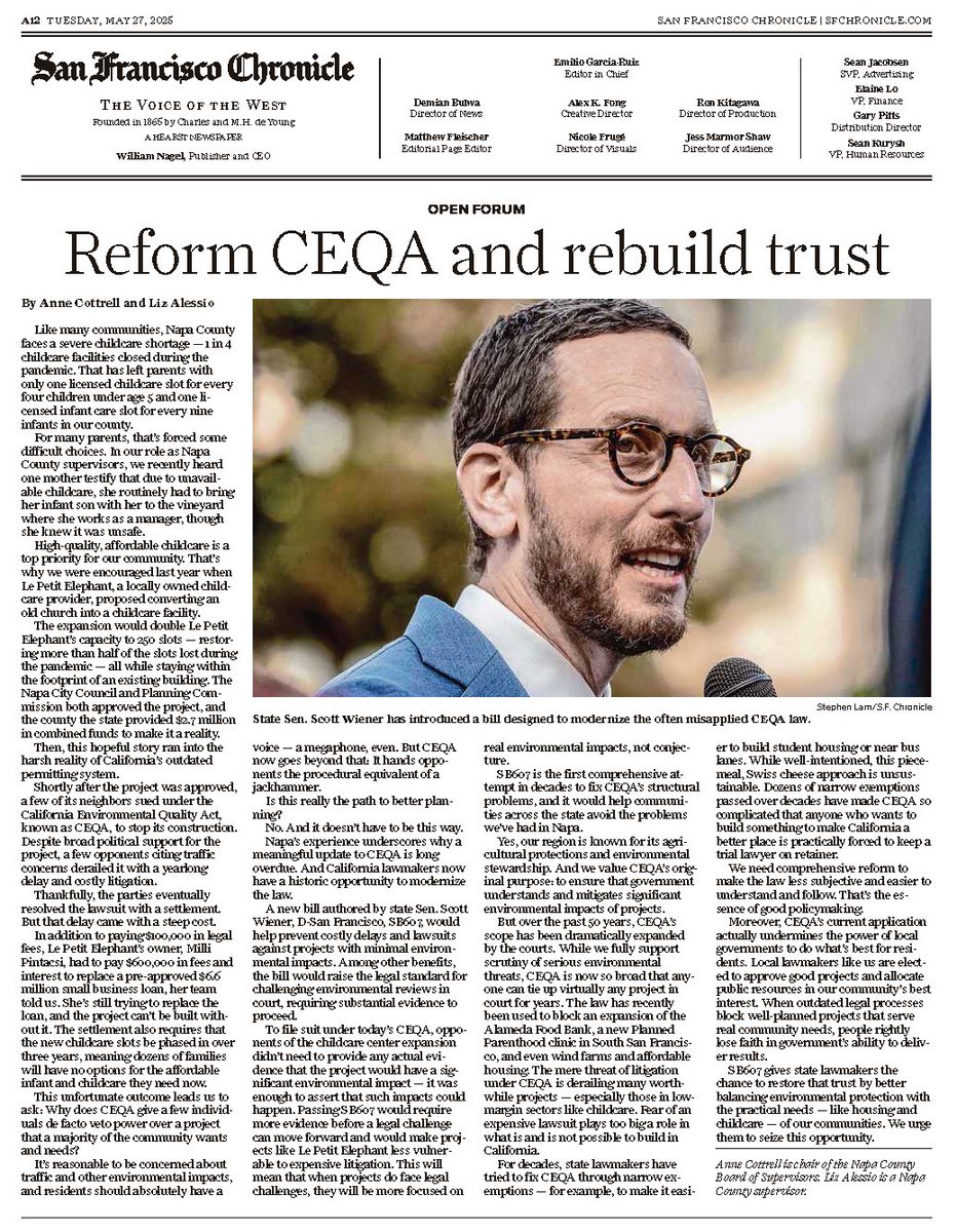 Amen, Supervisors <a href="/AnneCottrell/">Supervisor Anne Cottrell</a> and Liz Alessio! And thank you, Sen. <a href="/Scott_Wiener/">Senator Scott Wiener</a>, for your leadership with SB 607 to comprehensively fix CEQA — which has for too long done more to frustrate progress on climate and environmental priorities than facilitate it. (1/2)