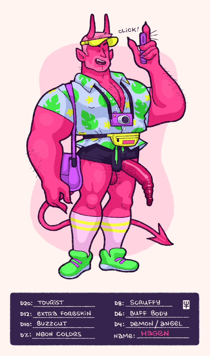 HEY FRIENDS ! I created a Roll for Himbo game to encourage myself to try different things with my characters and thought I’d share in case any other artists wanted to participate 🥰 here is my first rolled himbo Hagen, the neon demon tourist 🩷

#gayart #gaynsfw #dtiys #gayoc