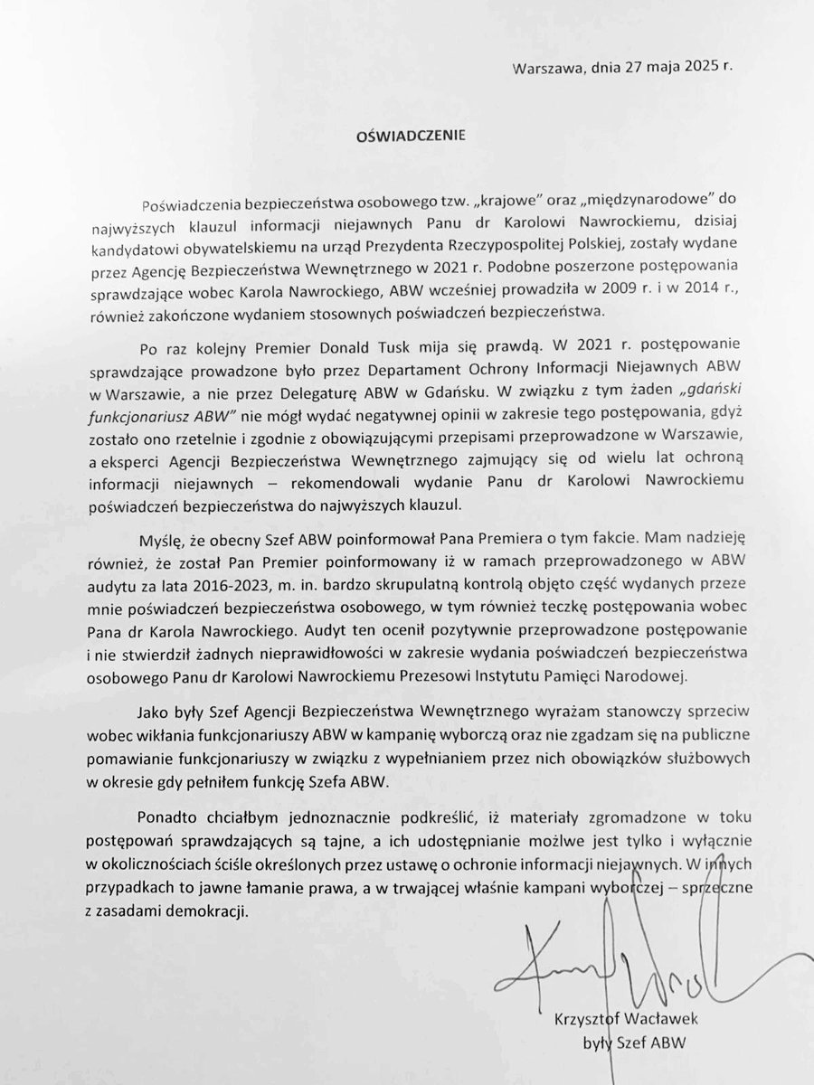 Stanisław Żaryn (@stzaryn) on Twitter photo Nie było „gdańskiego funkcjonariusza ABW”, nie było negatywnej rekomendacji ws. <a href="/NawrockiKn/">Karol Nawrocki</a>. Były kilkukrotne sprawdzenia ABW i pozytywne decyzje ws. poświadczeń.
A teraz jest kłamstwo <a href="/donaldtusk/">Donald Tusk</a> i kolejna gra informacjami ze służb w kampanii.
Ważne oświadczenie b. Szefa ABW! Nie było „gdańskiego funkcjonariusza ABW”, nie było negatywnej rekomendacji ws. <a href="/NawrockiKn/">Karol Nawrocki</a>. Były kilkukrotne sprawdzenia ABW i pozytywne decyzje ws. poświadczeń.
A teraz jest kłamstwo <a href="/donaldtusk/">Donald Tusk</a> i kolejna gra informacjami ze służb w kampanii.
Ważne oświadczenie b. Szefa ABW!