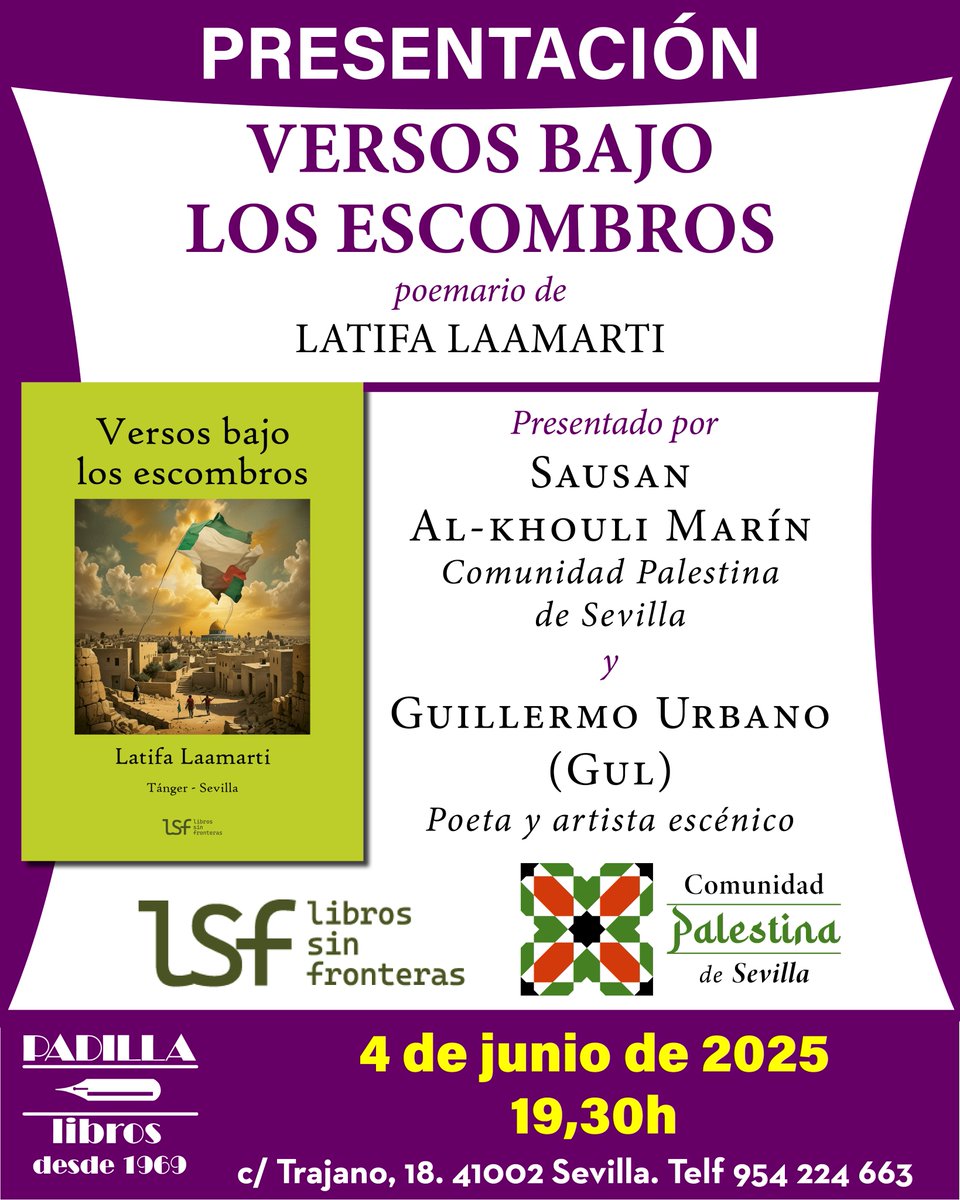 El miércoles, 4 de junio, a las 19.30 h presentamos: "Versos bajo los escombros" 
Poemario de Latifa Laamarti, dedicado a la memoria de los poetas palestinos asesinados en Gaza
Contaremos con Latifa Laamarti, Pepe Lebrato, Sausan Al-Khouli Marín y Guillermo Urbano