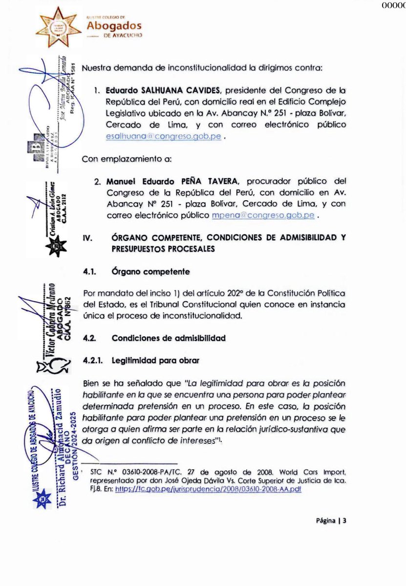 Colegio de Abogados de #AYACUCHO presentó ante el TC demanda d inconstitucionalidad contra la Ley 32330, q reduce la responsabilidad penal a 16 años, x vulnerar derechos constitucionales, tratados internacionales y justicia juvenil. Eduardo Salhuana figura entre los demandados.