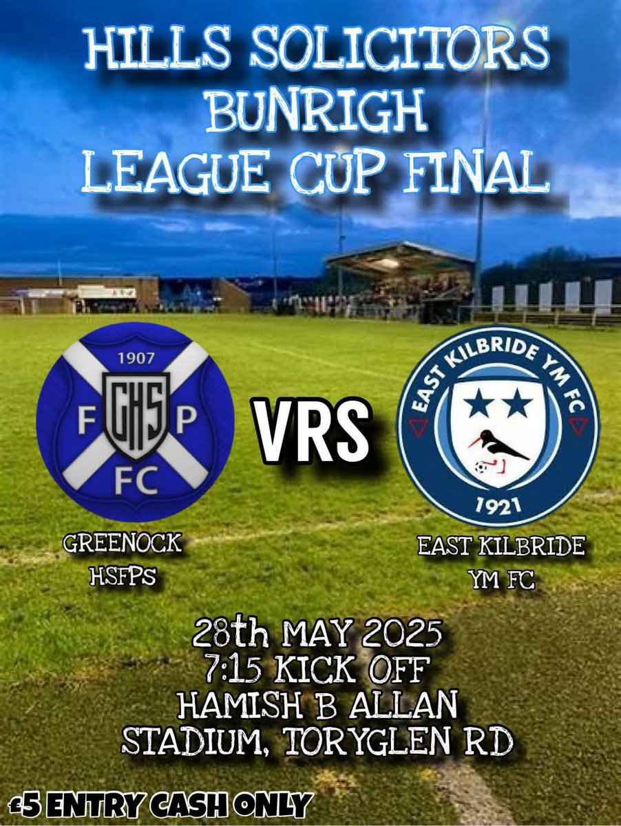Greenock HSFP AFC (@ghsfp) on Twitter photo Tomorrow night the <a href="/spafaofficial/">Scottish Premier AFA</a> side head to Rutherglen Glencairns Hamish B Allan Stadium in the Hill Solicitors Bunrigh League Cup Final where we face an impressive young EKYM side.
Bus leaves The Green Oak Bar at 5.15. Still a few seats left.
<a href="/scottish_aff/">AmateurFixturesResultsSCO</a> Tomorrow night the <a href="/spafaofficial/">Scottish Premier AFA</a> side head to Rutherglen Glencairns Hamish B Allan Stadium in the Hill Solicitors Bunrigh League Cup Final where we face an impressive young EKYM side.
Bus leaves The Green Oak Bar at 5.15. Still a few seats left.
<a href="/scottish_aff/">AmateurFixturesResultsSCO</a>