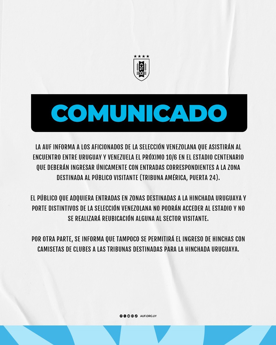 Atención a los bróderes que van a ir al Estado Centenario a ver el partido entre Uruguay y Venezuela. Información importante de la organización del partido