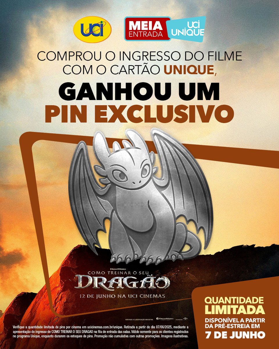 PRÉ-VENDA ABERTA! E vocês estão preparados pra levar o Banguela pra casa? Porque sim, TEM PIN! 😱

💙 Cliente UCI UNIQUE, você pode garantir um pin do Banguela de #ComoTreinarSeuDragao a partir das primeiras sessões na pré-estreia, dia 7 de junho, nos cinemas #UCI.