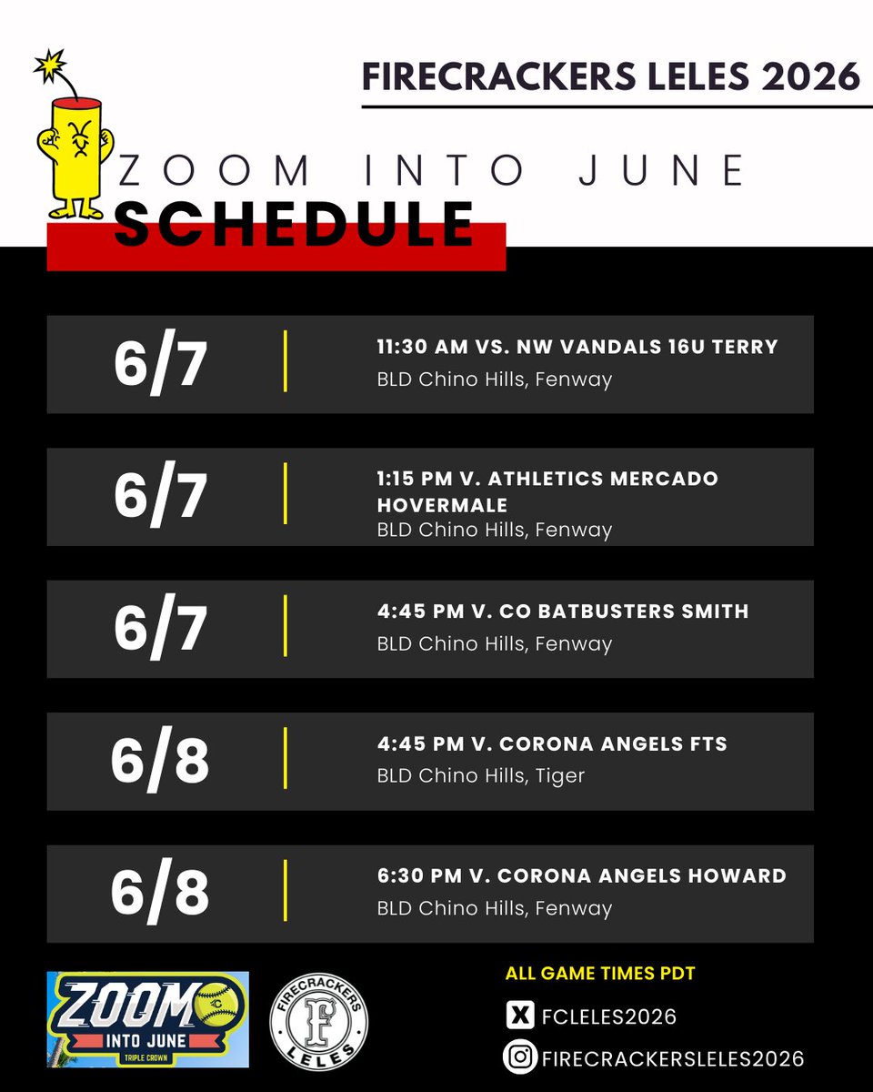 Firecrackers Leles 2026 (@fcleles2026) on Twitter photo Here is our Zoom Into June schedule - See you there! 🧨
<a href="/Firecrackersinc/">Firecracker Softball</a> <a href="/los_stuff/">Carlos Arias</a> <a href="/LineDsoftball/">Line Drive Media</a> <a href="/SoftbalAmerica/">Softball America</a> <a href="/ExtraInningSB/">EXTRA INNING SOFTBALL</a> <a href="/thealliancefp/">The Alliance Fastpitch</a> <a href="/PCFLfastpitch/">Pacific Coast Fastpitch League | PCFL</a> <a href="/TCSFastpitch/">TC Fastpitch</a> Here is our Zoom Into June schedule - See you there! 🧨
<a href="/Firecrackersinc/">Firecracker Softball</a> <a href="/los_stuff/">Carlos Arias</a> <a href="/LineDsoftball/">Line Drive Media</a> <a href="/SoftbalAmerica/">Softball America</a> <a href="/ExtraInningSB/">EXTRA INNING SOFTBALL</a> <a href="/thealliancefp/">The Alliance Fastpitch</a> <a href="/PCFLfastpitch/">Pacific Coast Fastpitch League | PCFL</a> <a href="/TCSFastpitch/">TC Fastpitch</a>