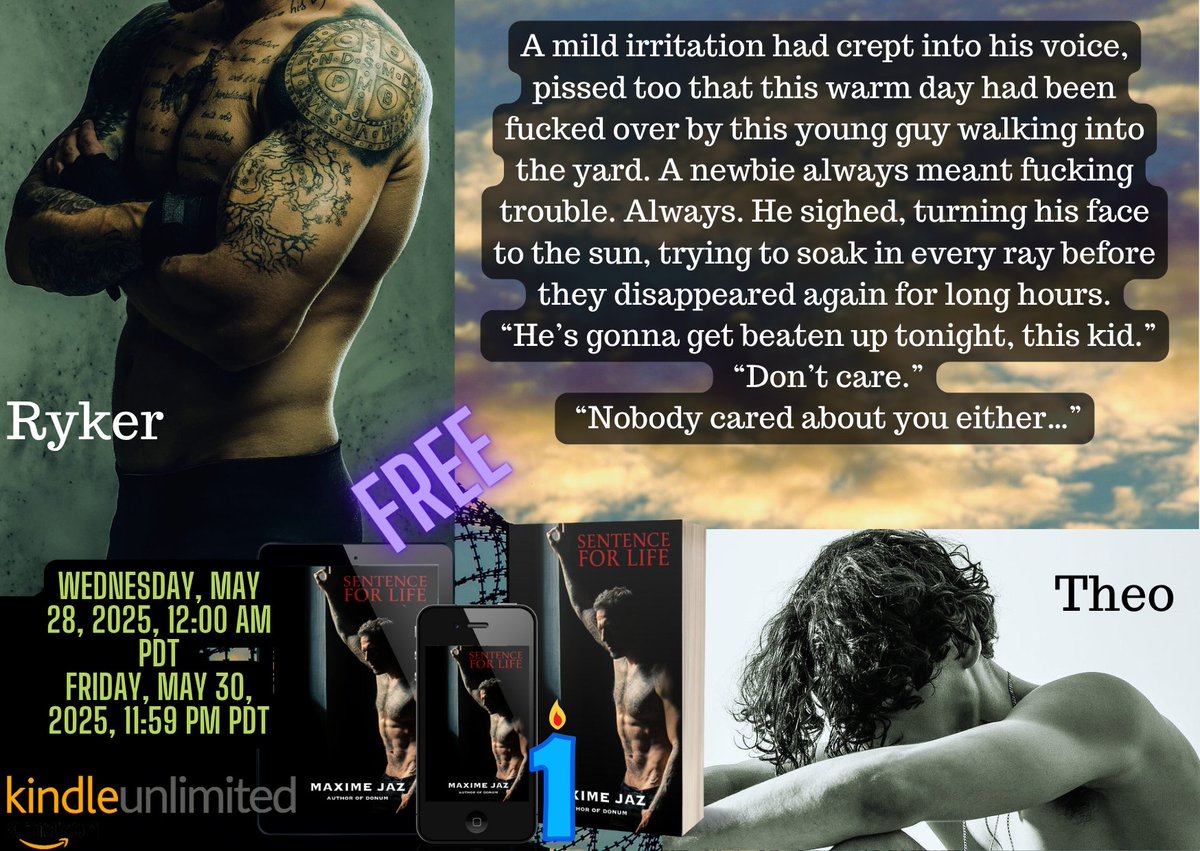 It's Sentence for Life's 1st bookversary soon and we are celebrating with a FREE promo from tomorrow.
MAXIME JAZ weaves the brutality of life behind bars with explosions of eroticism and lyrical romance, forming a compelling tale of finding hope in a seemingly hopeless situation.