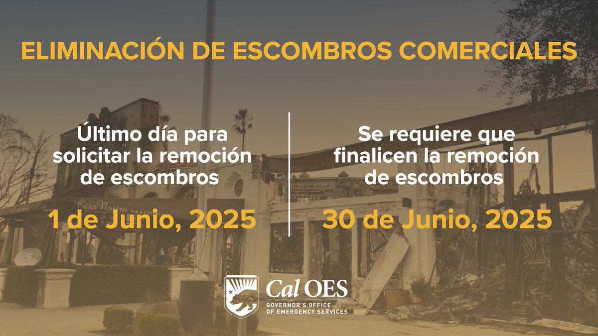 Alerta sobre fechas límite importantes 🚨

Si tu propiedad comercial fue afectada por los incendios #Palisades y #Eaton, considera que se avecinan fechas límite claves para el retiro de escombros. Obtén más información en 👉 recovery.lacounty.gov

Si tiene preguntas, comunícate