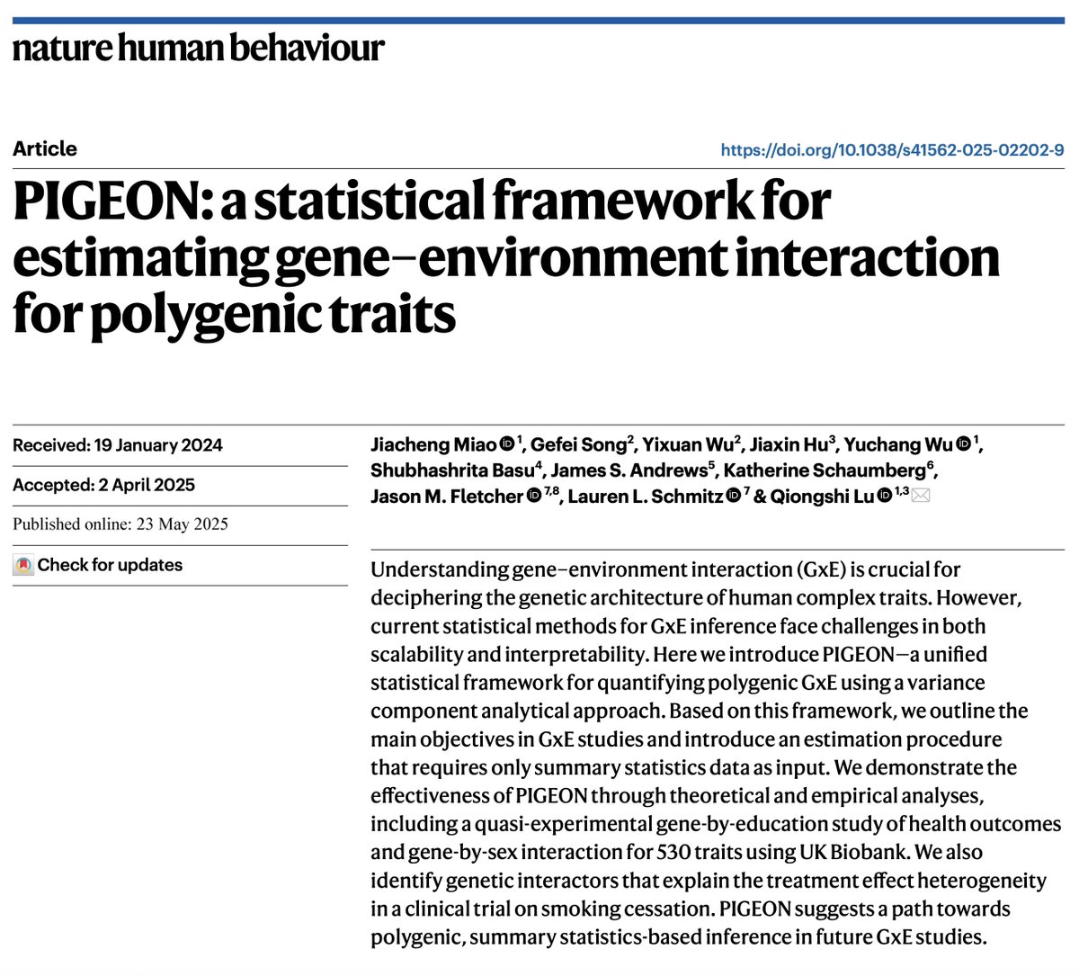 Qiongshi Lu (@q_statgen) on Twitter photo <a href="/Jiacheng_Miao/">Jiacheng Miao</a>'s PIGEON paper on GxE methodology is now published <a href="/NatureHumBehav/">Nature Human Behaviour</a> with a new title. In our view, this paper can reshape the study design for future complex trait GxE work.
Paper📰doi.org/10.1038/s41562…
Software🧑💻github.com/qlu-lab/GSUB <a href="/Jiacheng_Miao/">Jiacheng Miao</a>'s PIGEON paper on GxE methodology is now published <a href="/NatureHumBehav/">Nature Human Behaviour</a> with a new title. In our view, this paper can reshape the study design for future complex trait GxE work.
Paper📰doi.org/10.1038/s41562…
Software🧑💻github.com/qlu-lab/GSUB