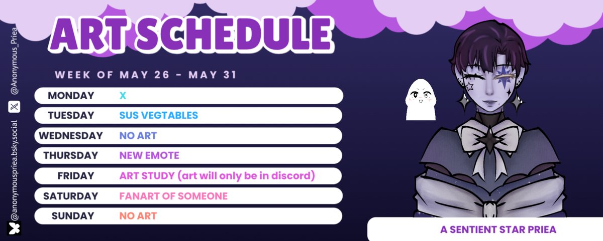 Anonymous_Priea's tweet image. THIS WEEKS ART SCHEDULE!