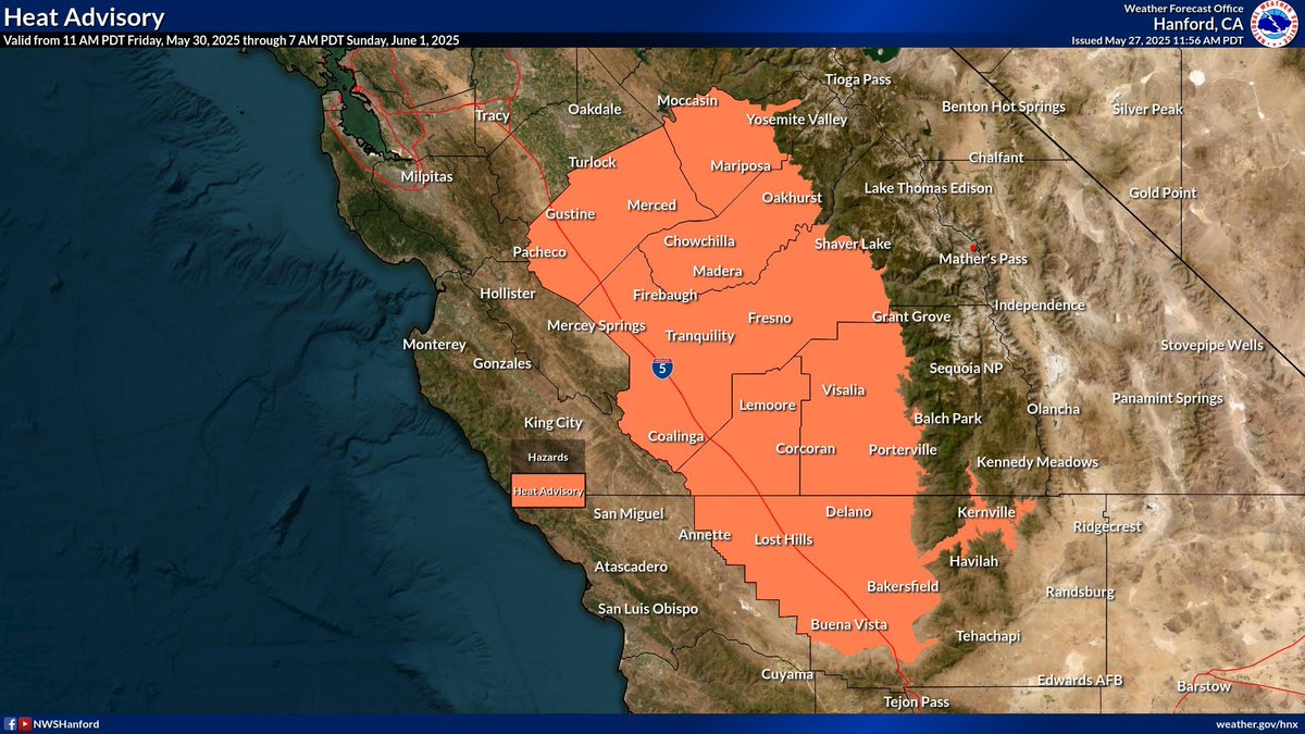 The first Heat Advisory for 2025 for the San Joaquin Valley has been issued and is in effect from 11 AM Friday May 30 through 7 AM Sunday June 1. #CAWx #Fresno #Bakersfield