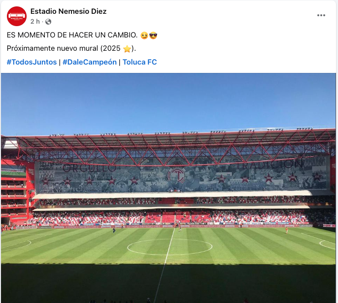 ADNoticiasMex's tweet photo. 👹 | Los campeones tendrán su lugar en el mítico mural. 🏆
El domingo se hizo historia, y la historia se plasma para ser recordada. La cuenta del Nemesio Diez ya lo dijo "ES MOMENTO DE HACER UN CAMBIO", con la foto del mural. 🖼️⭐
📸 Nemesio Diez
#LaOnce #Toluca #Futbol #Arte https://t.co/tBFW0a9Ccf
